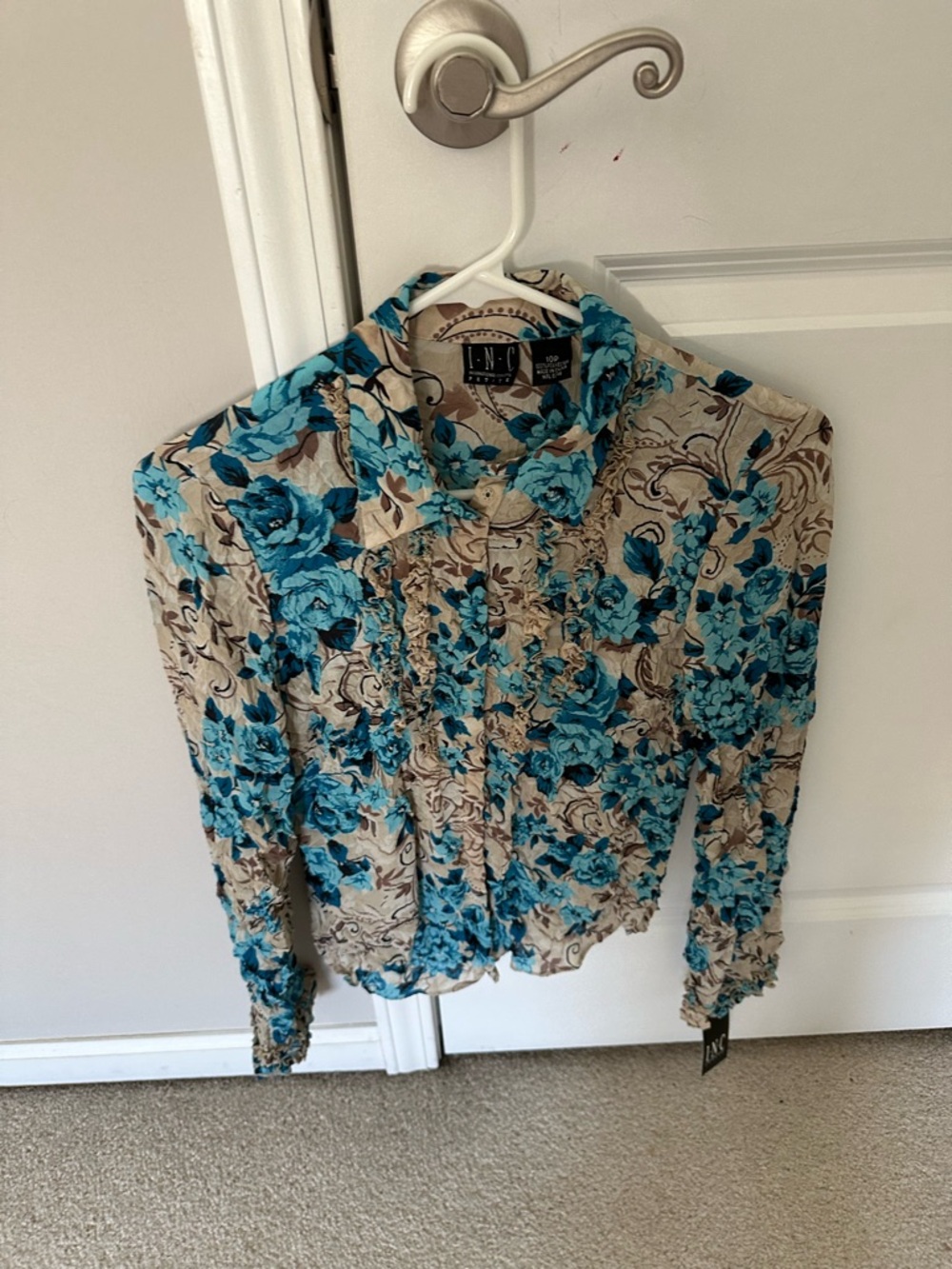 INC International Concepts Petite Floral Button-Front Top in Turquoise and Beige